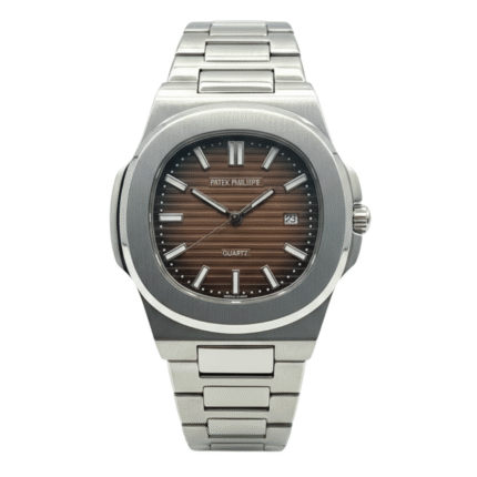 “The Patek Philippe Nautilus with its rich brown textured dial and stainless steel design.”