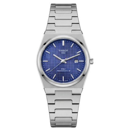 “The Tissot PRX with blue textured dial and robust stainless steel design.”